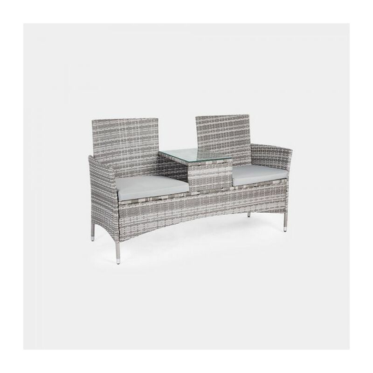 2 Seater Rattan Companion Chair - Wicker Conservatory Loveseat - Outdoor, Garden or Patio Double Seater Armchair with Drink Glass-topped Table and