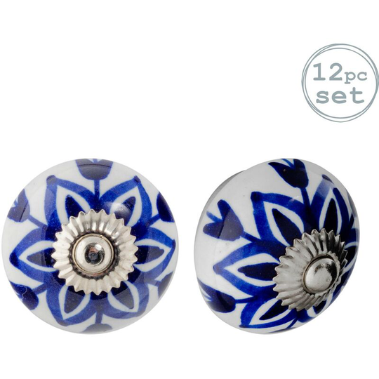 Round Ceramic Cabinet Knobs - Navy Flower - Pack of 12 - Nicola Spring