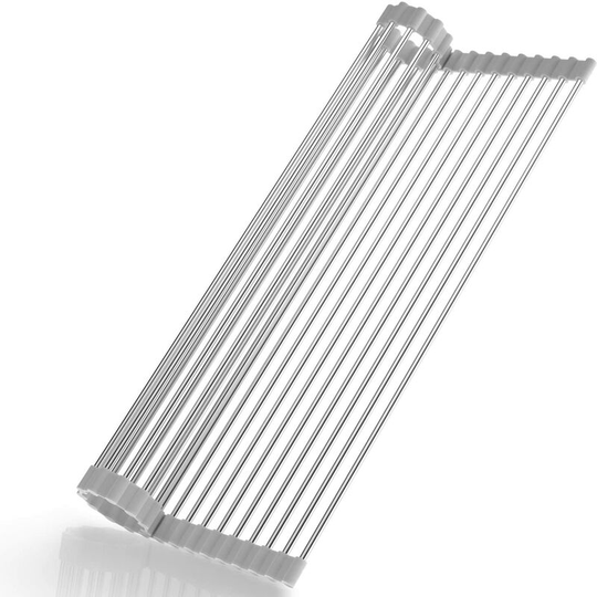 Perlerare - Roll-Up Dish Rack, 100% bpa Free Foldable Dish Rack, Silicone Coated Stainless Steel 44x28cm, Gray