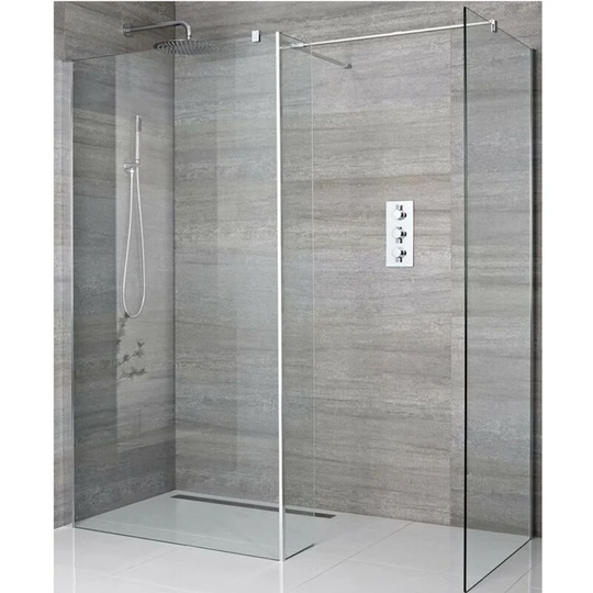 Portland - Corner Walk In Wet Room Shower Enclosure with Two 800mm Screens, Return Panel, Support Arms and 800mm Linear Shower Drain - Chrome - Milano