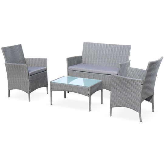 Alice's Garden - Rattan garden set - Moltès - Grey, Grey cushions - 4-seater - 1 sofa, 2 armchairs and 1 coffee table - Grey