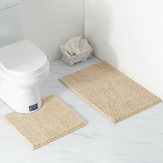 Perleraregb - 2 Piece Bath Mat / Toilet Mats Set, Soft Absorbent Thick Chenille Non-Slip Toilet Mat for Bathroom / wc, Machine Washable (Light Brown)