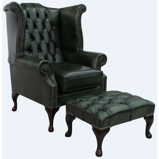 Chesterfield Offer Queen Anne High Back Wing Chair Antique Green Leather Footstool