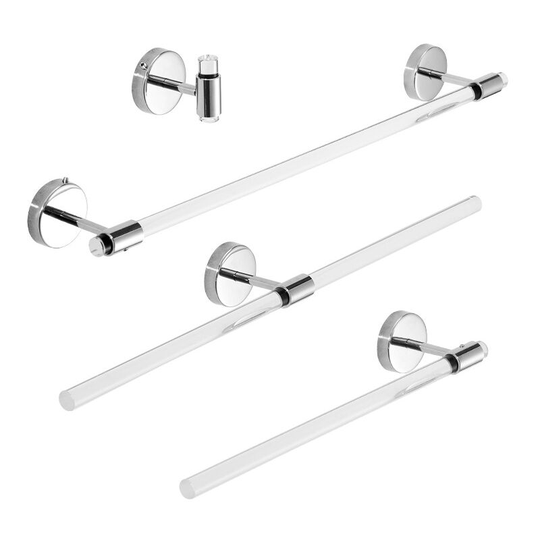 4 Piece Bathroom Accessories Hardware Set Wall Mounted, Towel Rack + Towel Bar + Toilet Paper Holder + Hook, Stainless Steel and Acrylic, Silver