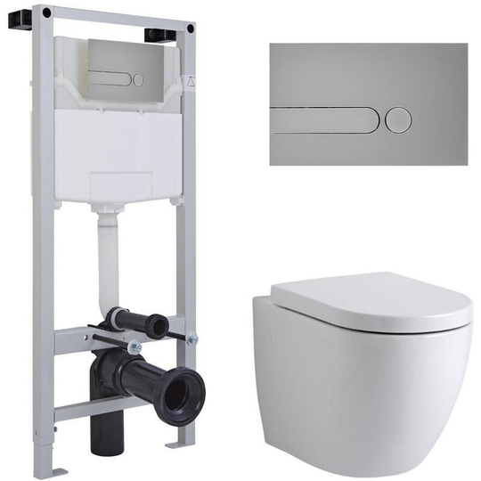 Milano - Irwell - Modern Bathroom Wall Hung Round Rimless Toilet wc with Tall Wall Frame Cistern and Dot Satin Chrome Flush Plate