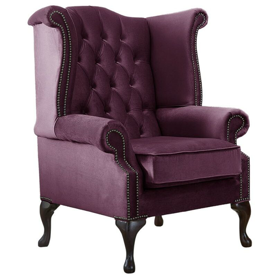Chesterfield Queen Anne High Back Wing Chair Malta Boysenberry Purple Velvet Fabric