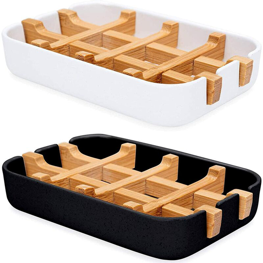 Sunflowergb - Anti-Mildew Natural Bamboo Soap Dish, Eco-Friendly Antibacterial Draining Soap Dish, Black/White, 2 Pieces