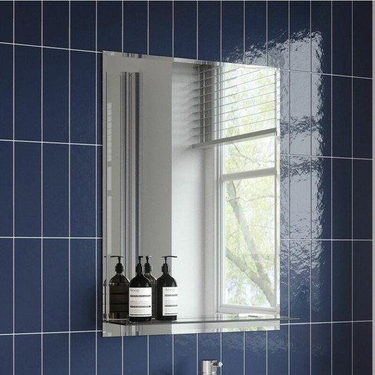 Artis - Bathroom Mirror Wall Modern Frameless Bevelled Rectangle Glass Shelf 500x700 - Silver