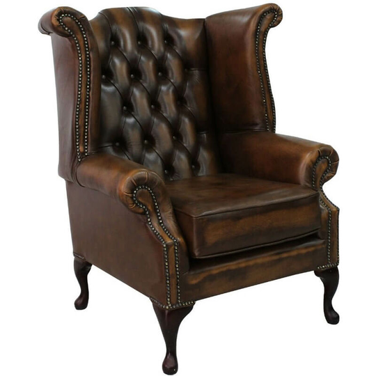 Chesterfield Queen Anne High Back Wing Chair Antique Tan Leather