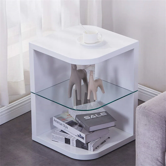 Wood Side Table With Glass End Table Small Coffee Table Lamp Sofa Bedside Table With Storage For Living Room/Bed Room (White, 40 X 40 X 56Cm)
