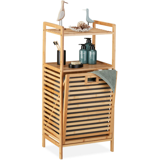 Relaxdays - Bathroom Shelf with Laundry Basket, HxWxD: 96x44x33 cm, Tiltable Collector, Bamboo, Fabric, Natural wood/Grey