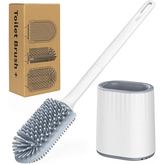 Toilet Brush and Holder Silicone Toilet Brush Long Handle Non-Slip Double-Sided Soft Bristle with Quick-Dry Holder for Bathroom Toilet White