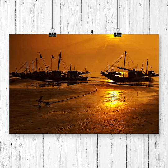 'Sunset Beach Fishing Boats' Photographic Print