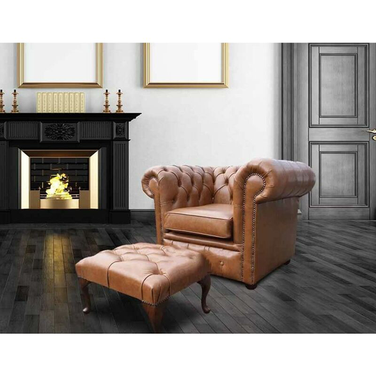 Chesterfield Low Back ArmChair Old English Tan Leather + Footstool Offer