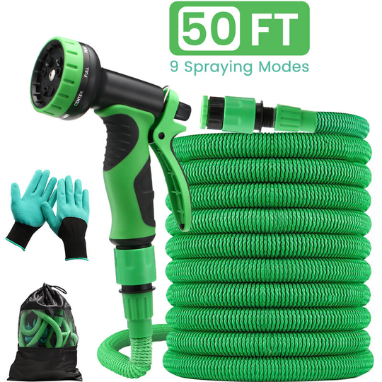 50Ft 15M 9 Function Spray Gun Flexible Garden Hose Pipe Green