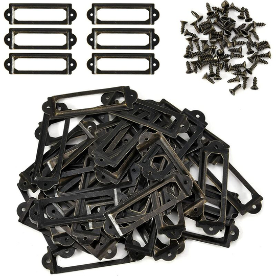 50 pcs Lable Holder Bookcase Drawer Cabinets Handle Name Tag with Name Tag with Screw, 60 x 17 mm, Antique Bronze