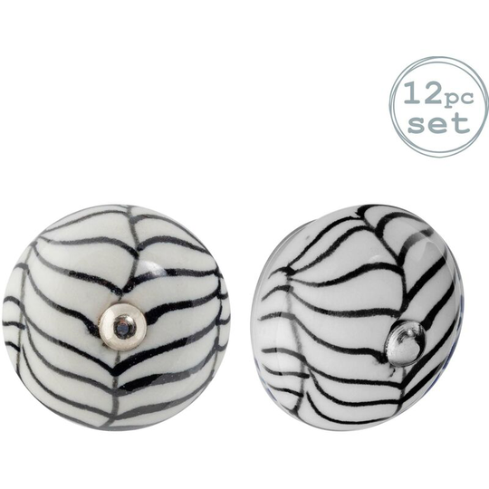 Round Ceramic Cabinet Knobs - Black Fern - Pack of 12 - Nicola Spring
