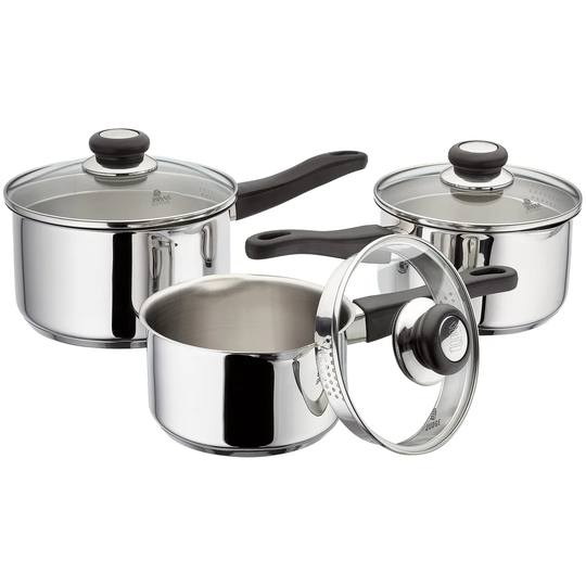 Judge Vista Set of 3 Stainless Steel Saucepans with Draining Lids, 16/18/20cm Saucepans