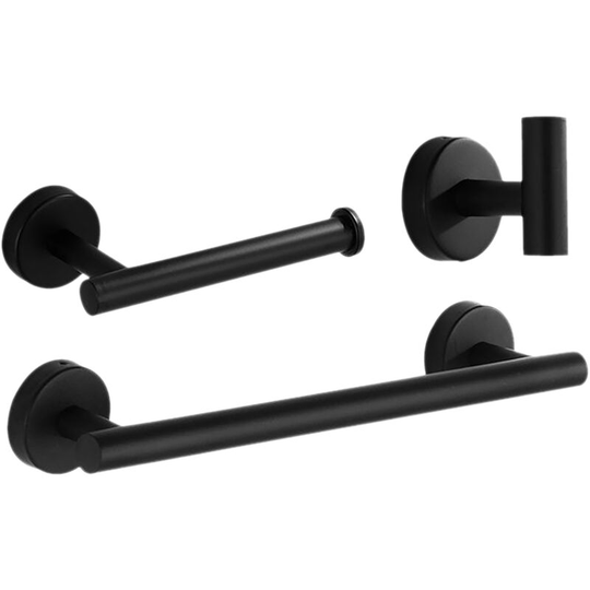 3PCS Towel Bar Toilet Paper Holder Hook Set Stainless Steel Wall Mounted Drilling Towel Holder Toilet Paper Rack Hanging Hook - Black