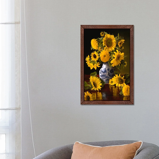'Sunflowers in Blue & White Chinese Vase' by Christopher Pierce - Floater Frame Painting Print on Canvas