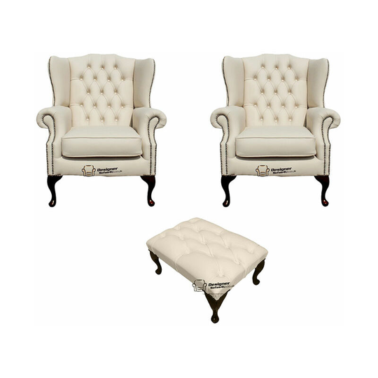 Chesterfield 2 x Mallory Wing Chair + Footstool Leather Sofa Suite Offer Cottonseed Cream