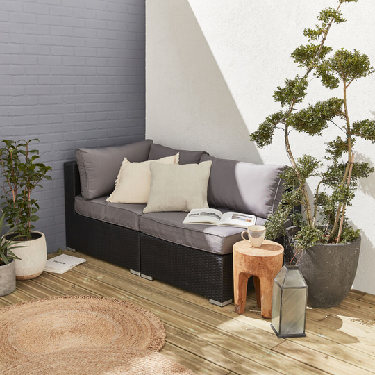 Rattan sofa set - Brescia - 1 corner armchair + 1 chair - Black rattan, grey cushions - Black