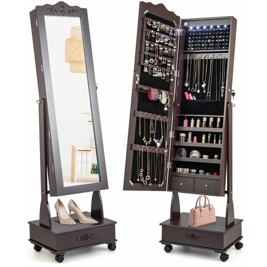 6 led Light Jewelry Cabinet Lockable Jewelry Armoire w/ Mirror Free-Standing