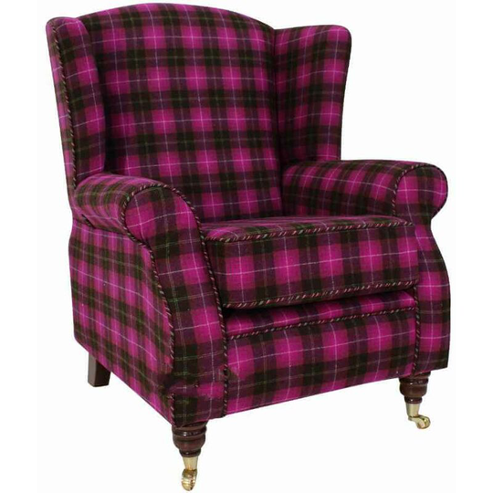 Arnold Wool Tweed Wing Chair Fireside High Back Armchair Wimbledon Multi Pink Check Fabric