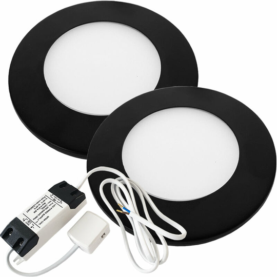 2x matt black Ultra-Slim Round Under Cabinet Kitchen Light & Driver Kit - Warm White Diffused led