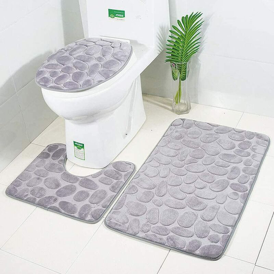 New Non-Slip Bath Mats,3 Piece Bathroom Mats Contour Bathroom Mat Set Carpet Toilet WC(Gray V1)