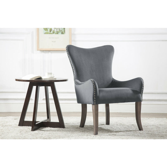 Elegant Ellis Wing Armchair in Grey Velvet Luxurious Fabric