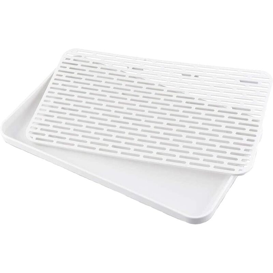 30*17.5cm Dish Drainer, Dish Rack Mat, Water Drip Tray Holder, Thicken Plastic Double Layer Slanted Drying Tray for Cups, Bowls, Fruits (White)