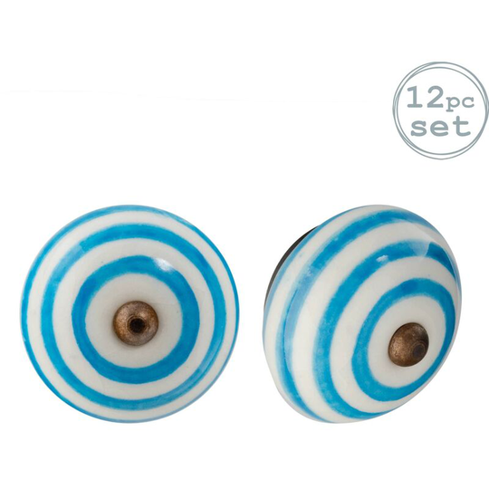 Nicola Spring Round Ceramic Cabinet Knobs - Light Blue Stripe - Pack of 12