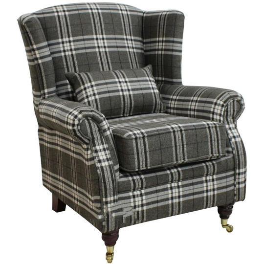 Wing Chair Fireside High Back Armchair Balmoral Charcoal Check Fabric