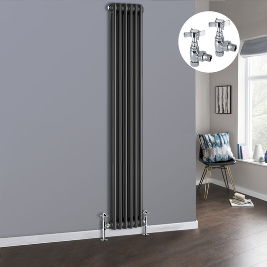 Anthracite 2 Column Traditional Cast Iron Style Radiator with Chrome Angled Cross Head Manual Valves Vertical 1800x290mm