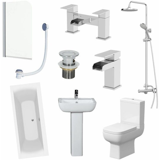 1700mm Bathroom Suite Double Ended Bath Shower Screen Toilet Basin Pedestal Taps - White