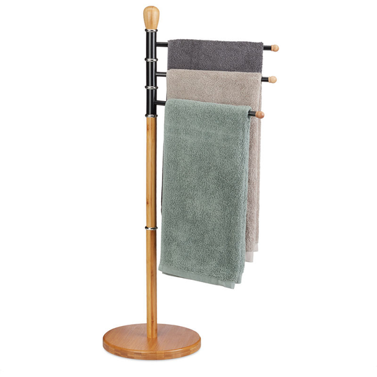 Towel Holder Stand, Adjustable, No Drilling, 3 Towel Rails, Bamboo, Metal, hwd: 94 x 48 x 48 cm, Natural - Relaxdays