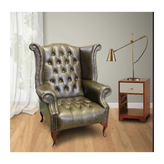 Designersofas4u - Chesterfield Cavendish Buttoned Seat Queen Anne High Back Wing Chair uk Manufactured Hand Dyed Old English Alga Leather