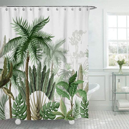 Litzee - Green Shower Curtain Shower Curtain Polyester Fabric Mildew Proof Waterproof Bathroom Curtain with Rings Hooks for Bathtub Tropical Plants