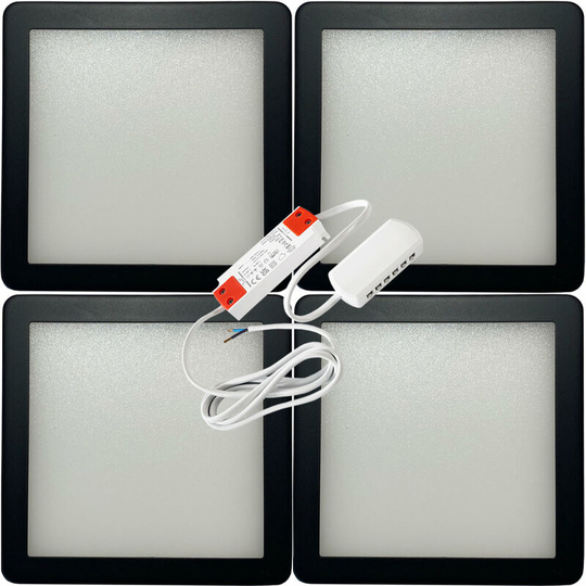 4x matt black Ultra-Slim Square Under Cabinet Kitchen Light & Driver Kit - Warm White Diffused led