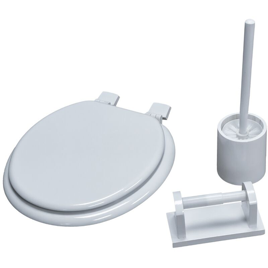 3 in 1 Classic Oval Shaped Design White Toilet Seat, Paper Holder and Pine Brush Holder