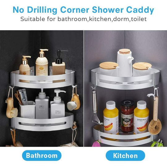 Shower caddies Shower corner shelf, Bathroom shelf without drilling, Shower storage basket with hooks - shower corner shelf (Plata-doble)