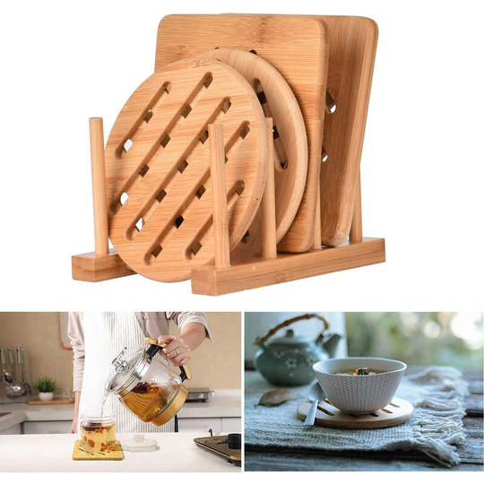 4pcs Placemat Bamboo Insulation Cushion Anti Scald Coaster with Drain Holder and 15*15cm 2 Round and 2 Square(15*15cm)