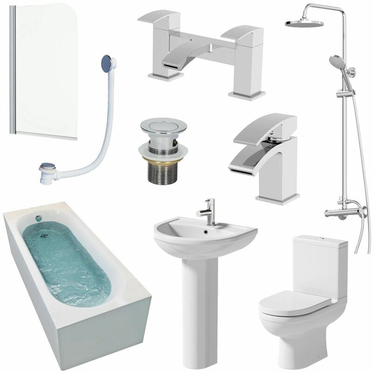 Complete Bathroom Suite 1600mm Bath Shower Toilet Pedestal Basin Taps Screen - White