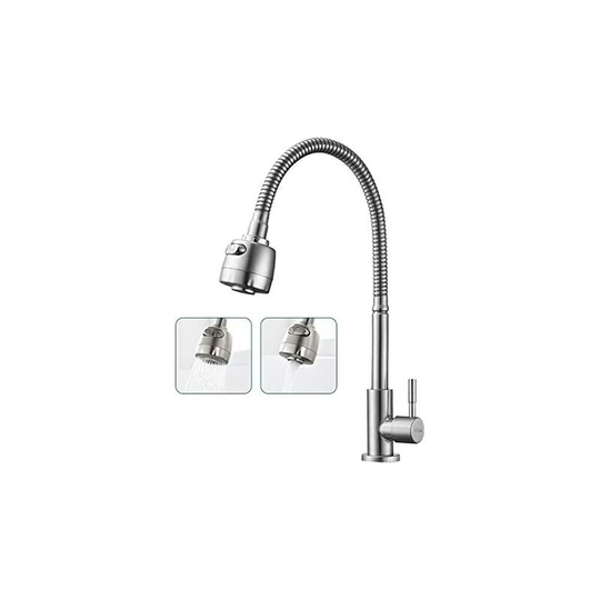 360° Rotating Kitchen Faucet with Spring Hose Sink Mixer Dual Function Water Outlet Single Cold Water Tap Brushed Stainless Steel