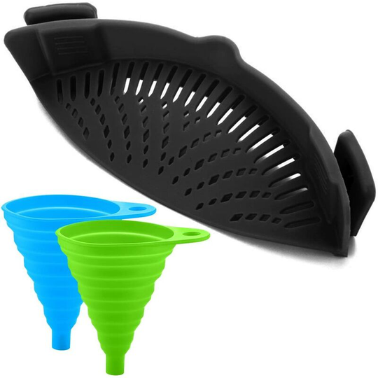 Perlerare - Silicone colander with 2 collapsible funnels - Attach the colander to the pot to drain your food - black