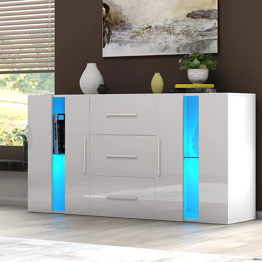 Sideboard Cupboard Unit Cabinet RGB LED Lighted 16Colors Storage TV Stand (White)