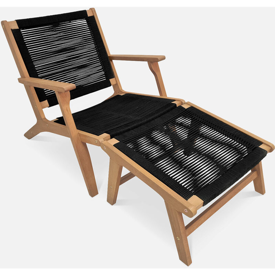 Lounge armchair with footrest in fsc certified eucalyptus wood and rope - Cuzco - Black