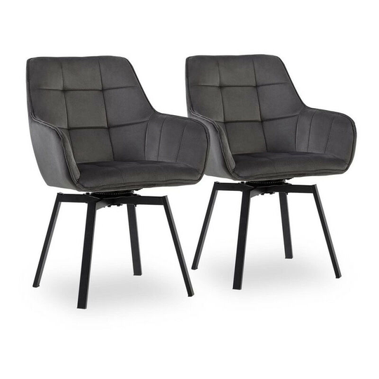 2 x Dining Chair, Velvet Padded Seat 360°Swivel Armchair with Backrest and Metal Legs, Grey