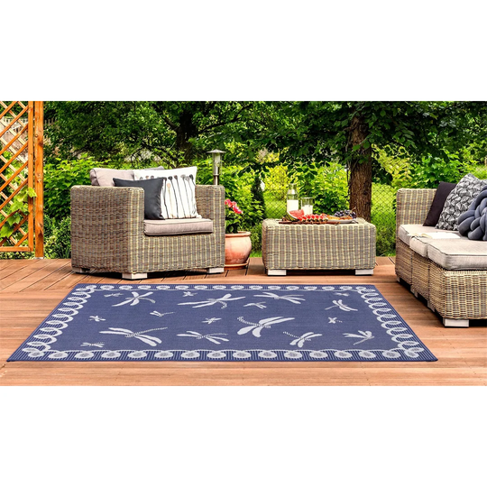 Dragonfly Outdoor Bordered Flatweave Terracotta, Blue, Gold, Teal And Natural Rug (Blue, 60X120 Cm)